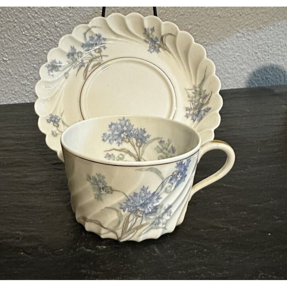 Haviland Limoges Bergere France Flat Cup Saucer Blue Floral Gold Verge Swirl
